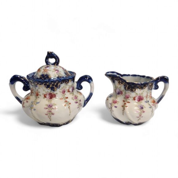 Vintage Creamer Pitcher & Sugar Bowl, Porcelain, Blue, Gold & Painted Flowers - Picture 1 of 15